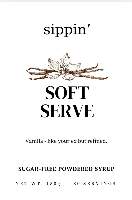 Sippin' Soft serve vanilla sugar-free syrup powder in resealable pouch