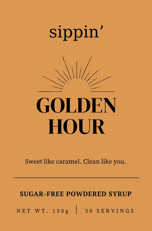 Sippin' Golden hour caramel sugar-free syrup powder in eco-friendly pouch