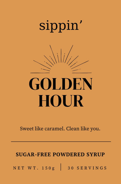 Sippin' Golden hour caramel sugar-free syrup powder in eco-friendly pouch 